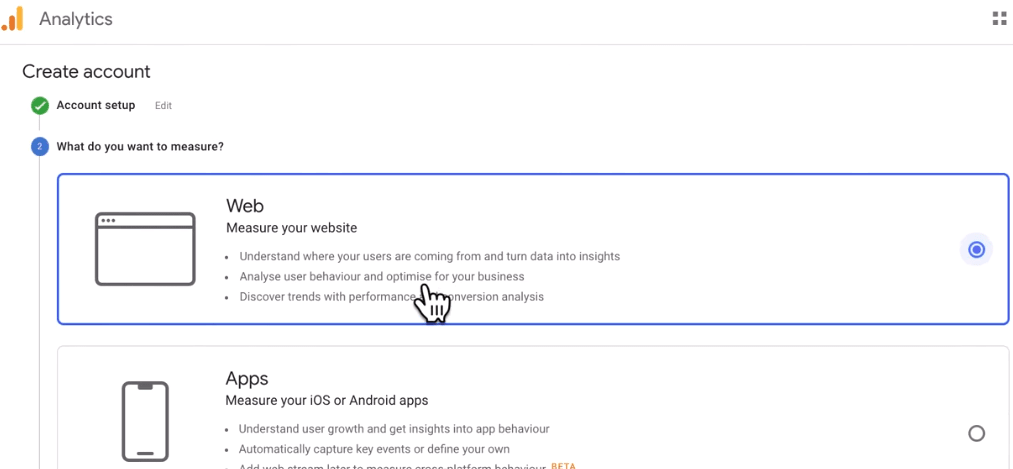 google web analytics - Selecting the desired property type.
